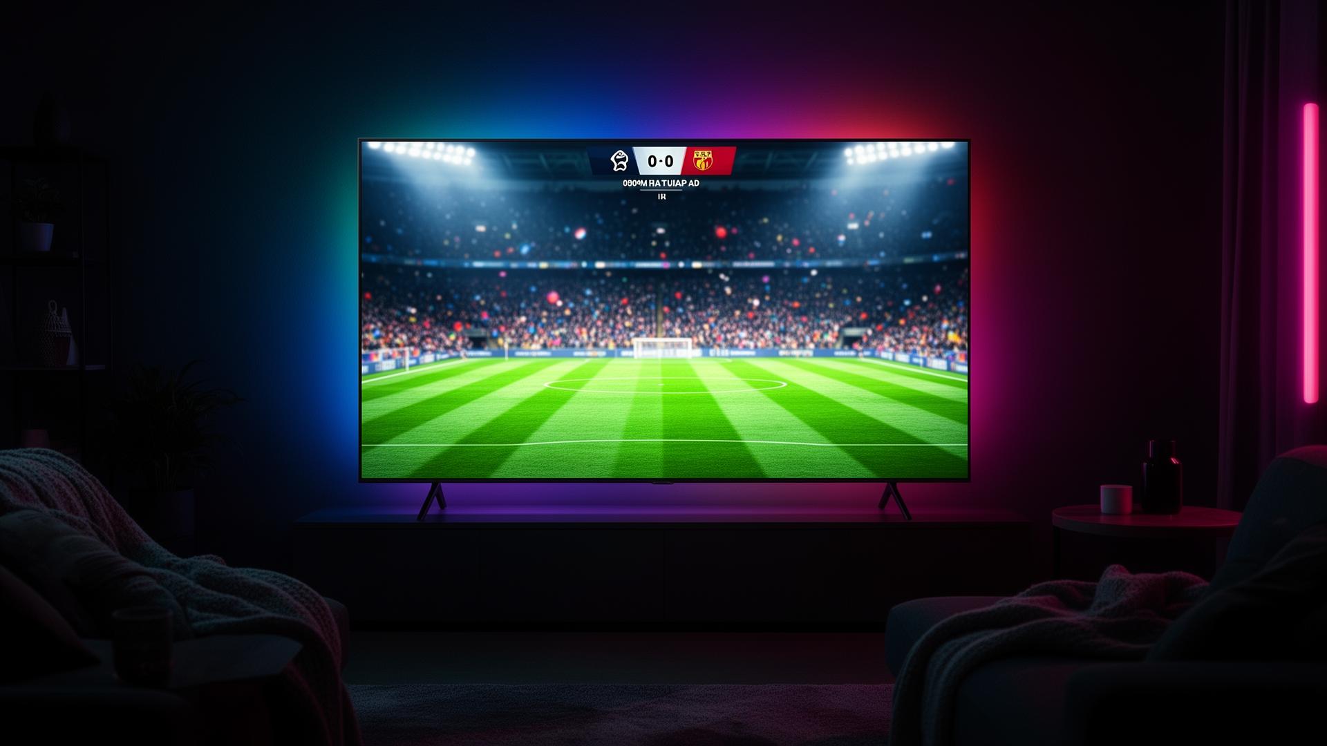 TV exibindo jogo de futebol ao vivo em FullHD